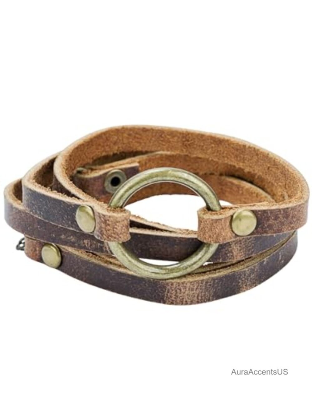 Handmade Leather Wrap Bracelet with Symbolic Brass Circle, Adjustable Lobster